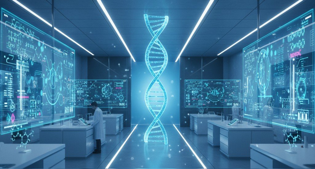 Modernes Forschungslabor mit leuchtender DNA-Visualisierung, symbolisiert wissenschaftliche Innovation